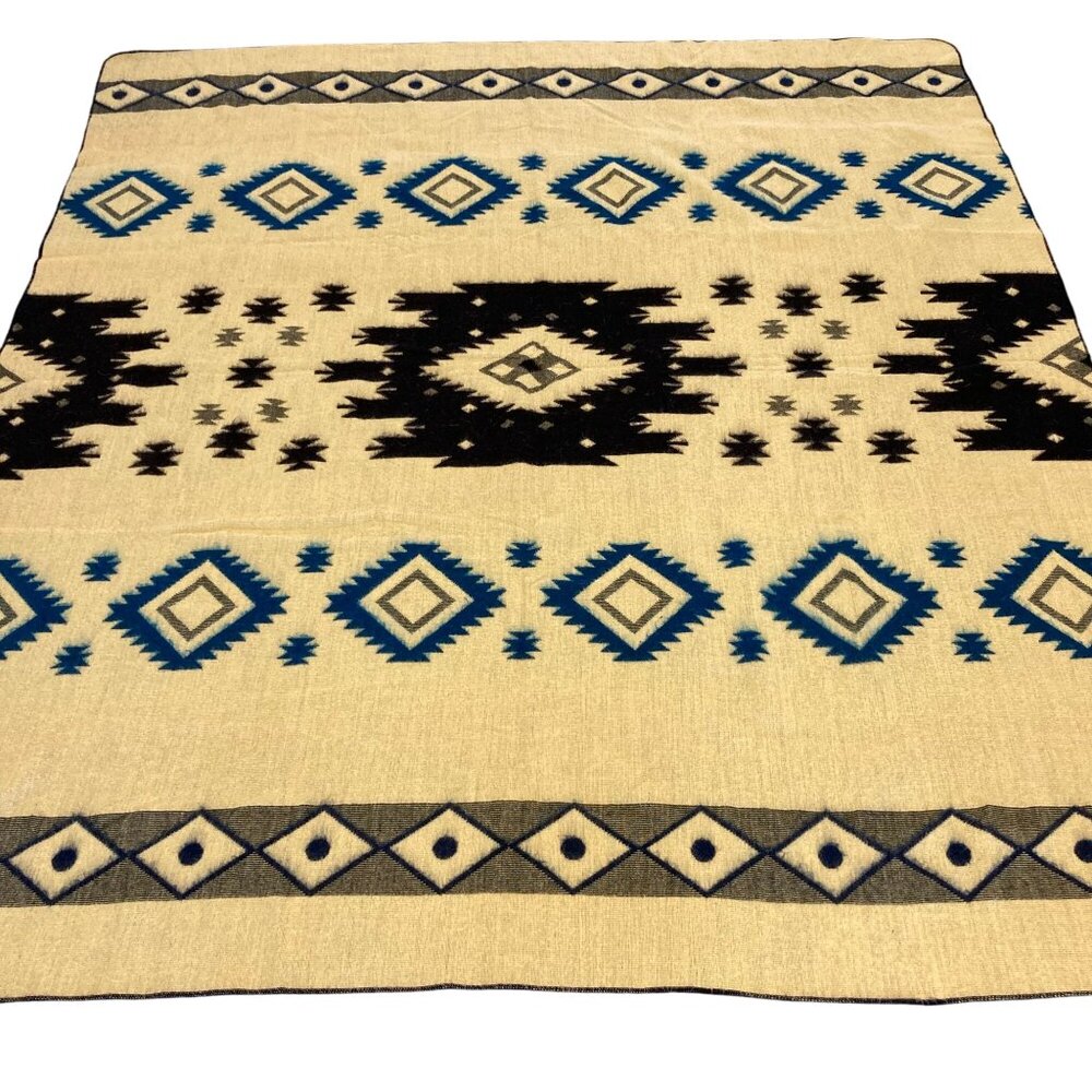 Twin Blanket Alpaca Blend Handcrafted Blue & Cream Tribal Ecuador Double Sided